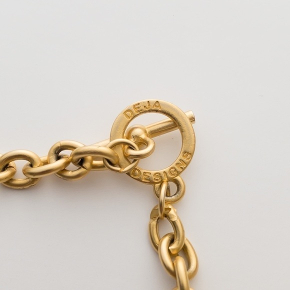 Chunky Gold Tone Charm Pendant Chain Necklace Blue Green Glass Deja Designs - Picture 11 of 13